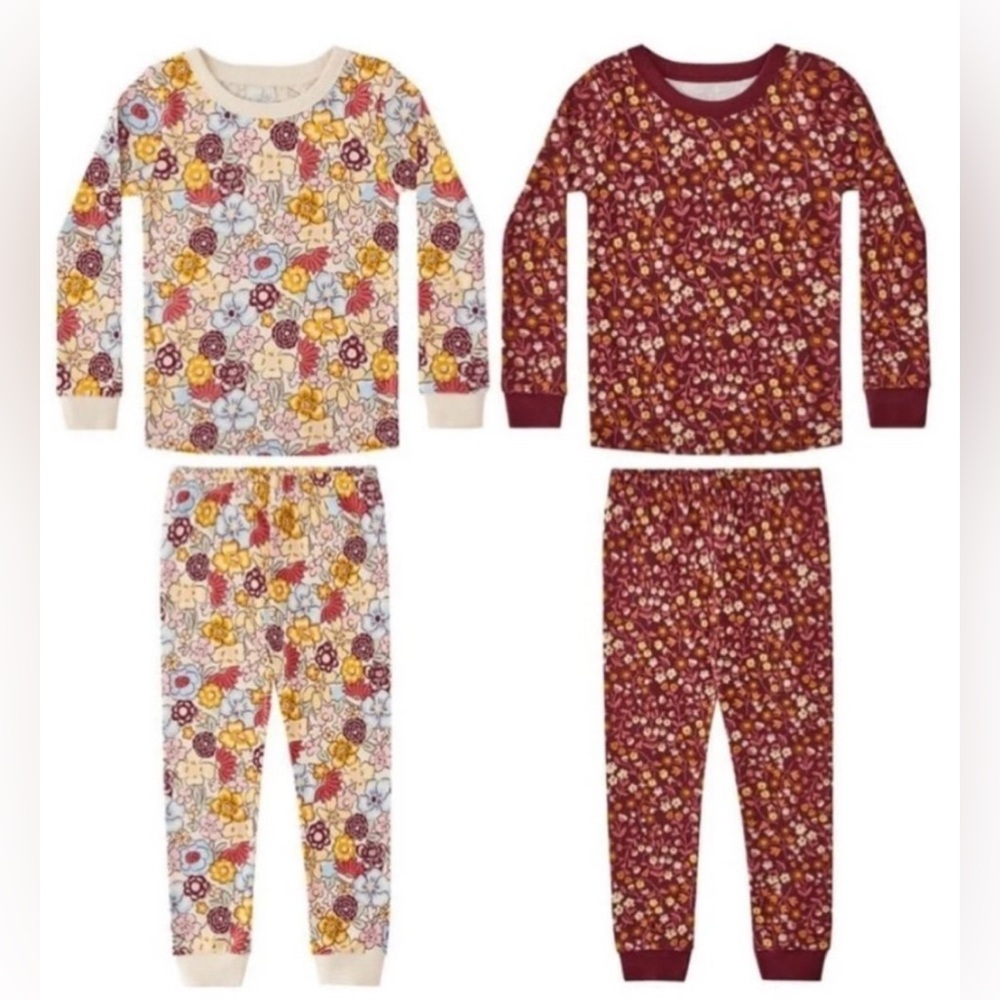 Four Piece Organic Cotton Toddler Girls Floral Print Snug Fitting Pajamas 3T